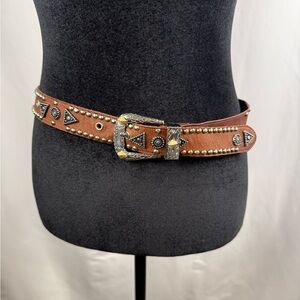 Vintage Western Studded Leather Belt Brown Silver Buckle Boho Cowgirl Size M